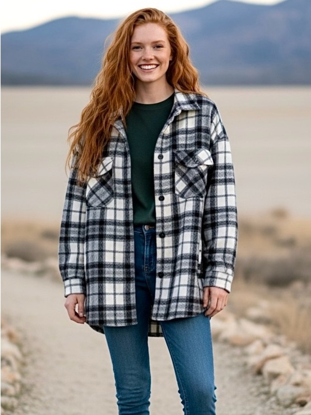 Dex Shacket, Black & White Plaid, 2X